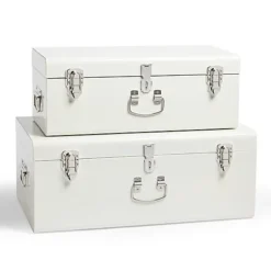 Beautify Storage Trunks - Set Of 2 Cream Stainless Steel Storage Chests W/Silver Detailing, Stackable Organiser W/Lockable Lids
