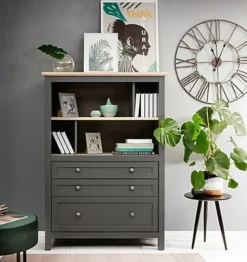 Bookcase Shelving Drawers 106cm Open Storage Unit Country Grey Oak Finish Bocage