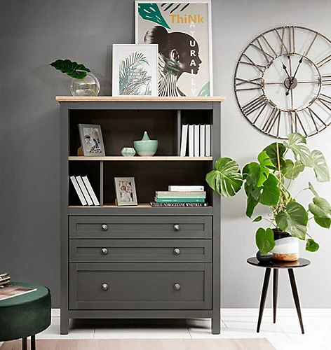 Bookcase Shelving Drawers 106cm Open Storage Unit Country Grey Oak Finish Bocage 3 Bookcase Shelving Drawers 106cm Open Storage Unit Country Grey Oak Finish Bocage