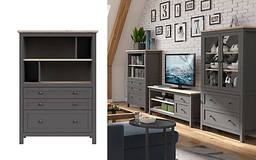 Bookcase Shelving Drawers 106cm Open Storage Unit Country Grey Oak Finish Bocage 4 Bookcase Shelving Drawers 106cm Open Storage Unit Country Grey Oak Finish Bocage - Image 2
