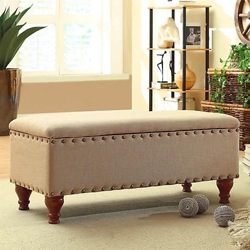 Chelsea Sorage Ottoman Bench - Tan/Brass Upholstered With Flip Lid. 3 Chelsea Sorage Ottoman Bench - Tan/Brass Upholstered With Flip Lid.