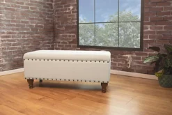 Chelsea Storage Ottoman Bench - Cream/Brass Upholstered With Flip Lid.