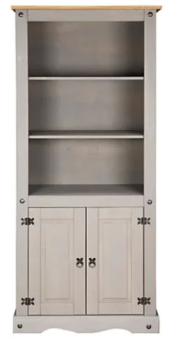 Corona Grey Bookcase Pine 2 Door Display Cupboard 3 Book Shelves Distressed Wax