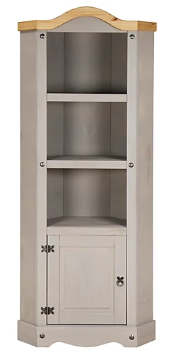 Corona Grey Corner Display Unit Bookcase Pine Cupboard 3 Book Shelves