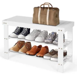 Costway 3-Tier Bamboo Shoe Rack Bench Entryway Organizer Shelf