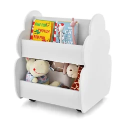Costway Kids Wooden Bookcase W/ Wheels 2-Tier Toy Storage Toddler Display Book Shelf