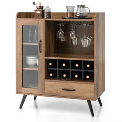 Costway Wine Cabinet Wooden Buffet Sideboard W/ Removable Wine Rack & Glass Holder