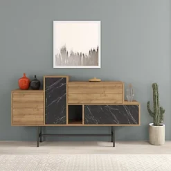 Decortie Hermes Console Sideboard Display Unit Oak Effect Black Marble Effect
