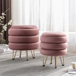 ESKIL MODERN VELVET STORAGE POUFFE OTTOMAN FOOTSTOOL VANITY DRESSING SEAT STOOL (Set, Pink)
