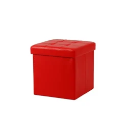Foldable 38x38cm Cube Faux Leather Storage Box Ottoman Footstool Red