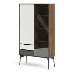 Fur China Cabinet 1 Door + 1 Glass Door + 2 Drawers In Grey, White And Walnut -Diy Shop fur china cabinet 1 door 1 glass door 2 drawers in grey white and walnut5713035066976 03c MP