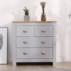 FurnitureHMD Storage Chest Of Drawers Organiser Unit With 4 Drawers For Bedroom,Living Room Grey And Oak