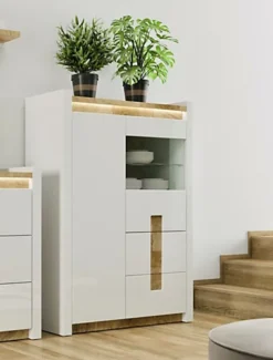 Glass Display Cabinet Buffet Shelving Unit LEDs White Gloss Oak Effect Alameda -Diy Shop glass display cabinet buffet shelving unit leds white gloss oak effect alameda5900211806420 03c MP