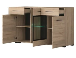 Glass Display Sideboard Unit LEDs 2 Drawer 3 Door 150cm Sonoma Oak Effect Fever -Diy Shop glass display sideboard unit leds 2 drawer 3 door 150cm sonoma oak effect fever5901451019939 02c MP