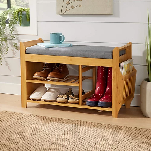 Home Source Gosport Cushion Padded Bamboo 3 Tier Hallway Shoe Storage Bench Unit 3 Home Source Gosport Cushion Padded Bamboo 3 Tier Hallway Shoe Storage Bench Unit