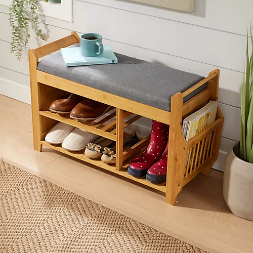 Home Source Gosport Cushion Padded Bamboo 3 Tier Hallway Shoe Storage Bench Unit 4 Home Source Gosport Cushion Padded Bamboo 3 Tier Hallway Shoe Storage Bench Unit - Image 2