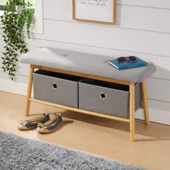 Home Source Jenson Bamboo Grey Padded Storage Bench Hallway Unit With 2 Pull Out Storage Boxes -Diy Shop home source jenson bamboo grey padded storage bench hallway unit with 2 pull out storage boxes5056065460797 02c MP