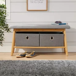 Home Source Jenson Bamboo Grey Padded Storage Bench Hallway Unit With 2 Pull Out Storage Boxes -Diy Shop home source jenson bamboo grey padded storage bench hallway unit with 2 pull out storage boxes5056065460797 03c MP