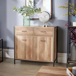 Home Source Oakmere 2 Drawer 2 Door Small Industrial Sideboard Unit Black And Oak Effect