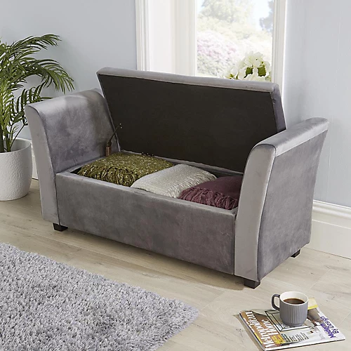 Home Source Verona Sleigh Style Velvet Window Bench Storage Seat Grey 3 Home Source Verona Sleigh Style Velvet Window Bench Storage Seat Grey