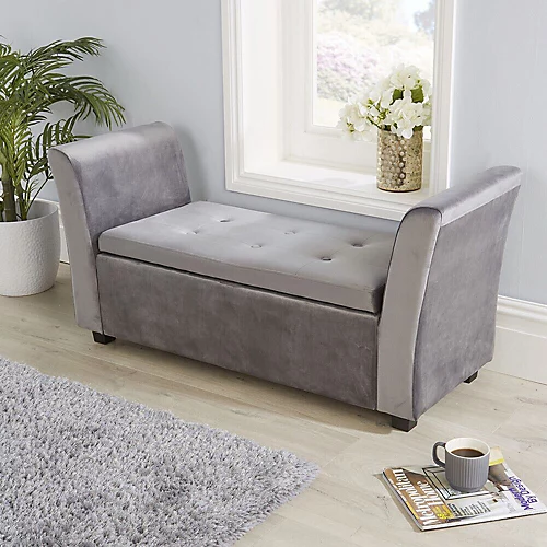 Home Source Verona Sleigh Style Velvet Window Bench Storage Seat Grey 4 Home Source Verona Sleigh Style Velvet Window Bench Storage Seat Grey - Image 2