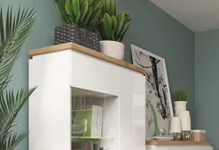 Large Glass Display Cabinet LED Light Buffet Unit White Gloss Oak Finish Erla -Diy Shop large glass display cabinet led light buffet unit white gloss oak finish erla5900211812018 03c MP