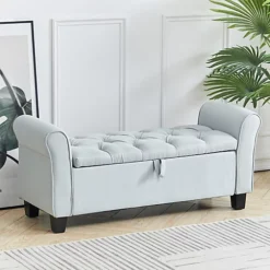 Livingandhome Beige Linen Storage Ottoman Bench Chaise With Splayed Armrest
