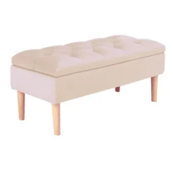Livingandhome Beige Velvet Ottoman Bench Storage Footstool With Rubber Wooden Leg 1000x400x460mm