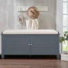 Livingandhome Grey Wooden Storage Bench Window Seat Footstool Shutter Door Ottoman With Linen Cushion