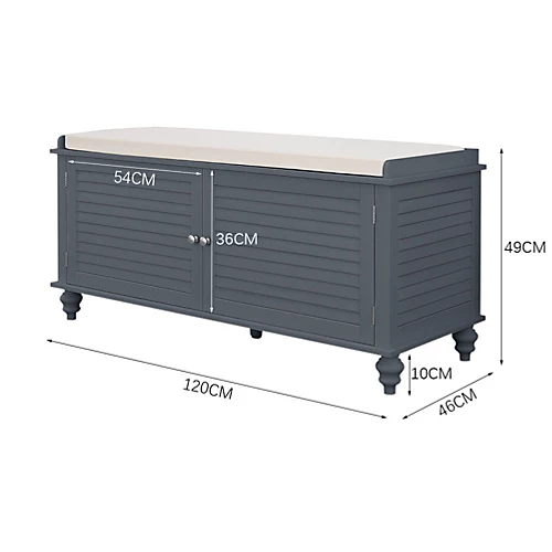 Livingandhome Grey Wooden Storage Bench Window Seat Footstool Shutter Door Ottoman With Linen Cushion 4 Livingandhome Grey Wooden Storage Bench Window Seat Footstool Shutter Door Ottoman With Linen Cushion - Image 2