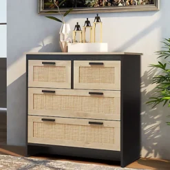 Livingandhome Rattan Effect Storage Sideboard Cabinet Cupboard With 4 Drawers