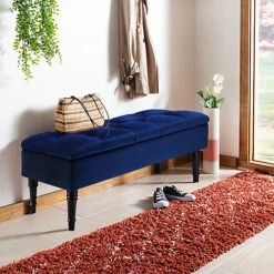 Livingandhome Royal Blue Velvet Ottoman Bench With Rubberwood Legs