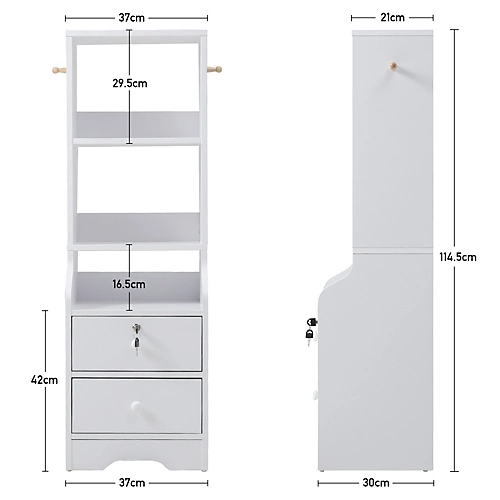 Livingandhome White 2 Lockable Drawer Bedside Table With 2 Tier Display Shelf W 370mm X D 300mm X H 1145mm 6 Livingandhome White 2 Lockable Drawer Bedside Table With 2 Tier Display Shelf W 370mm X D 300mm X H 1145mm - Image 4
