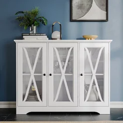 Livingandhome White 3 Door Wooden Storage Sideboard Cabinet Floor Cupboard