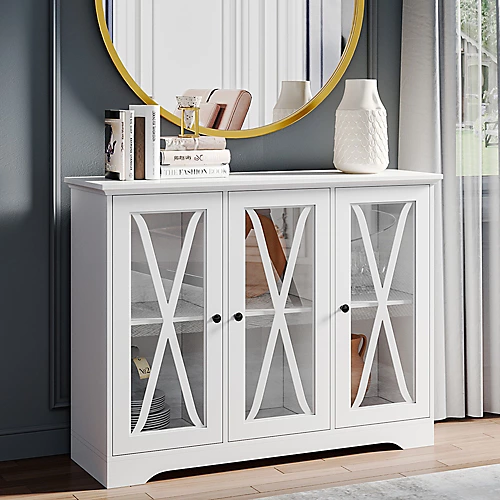 Livingandhome White 3 Door Wooden Storage Sideboard Cabinet Floor Cupboard 5 Livingandhome White 3 Door Wooden Storage Sideboard Cabinet Floor Cupboard - Image 3