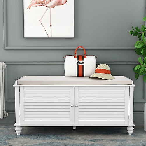 Livingandhome White Wooden Storage Bench Window Seat Footstool Shutter Door Ottoman With Linen Cushion 4 Livingandhome White Wooden Storage Bench Window Seat Footstool Shutter Door Ottoman With Linen Cushion - Image 2