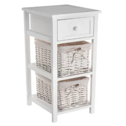 LIVIVO 2 Drawer 'Shabby Chic' Wooden Bedside Cabinet - With A Stylish Cloth Lined Wicker Storage Basket Organiser (White)