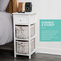 LIVIVO 2 Drawer 'Shabby Chic' Wooden Bedside Cabinet - With A Stylish Cloth Lined Wicker Storage Basket Organiser (White) -Diy Shop livivo 2 drawer shabby chic wooden bedside cabinet with a stylish cloth lined wicker storage basket organiser white 5056295306568 03c MP