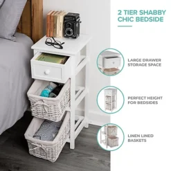 LIVIVO 2 Drawer 'Shabby Chic' Wooden Bedside Cabinet - With A Stylish Cloth Lined Wicker Storage Basket Organiser (White) -Diy Shop livivo 2 drawer shabby chic wooden bedside cabinet with a stylish cloth lined wicker storage basket organiser white 5056295306568 04c MP