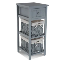 LIVIVO Grey 'Shabby Chic' Wooden Bedside Cabinet Unit - Stylish Cloth Lined Wicker Storage Basket Organiser