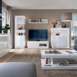 Lyon Tall Narrow Display Cabinet (RHD) (including LED Lighting) In White And High Gloss -Diy Shop lyon tall narrow display cabinet rhd including led lighting in white and high gloss5900355143443 04c MP