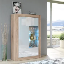 Modern Sideboard Display Cabinet Cupboard TV Stand Living Room High Gloss Doors - Oak & White