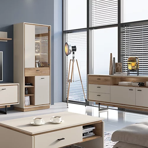 Rivero 3 Door 1 Drawer Open Shelves Wide Display Cabinet In Grey And Oak 5 Rivero 3 Door 1 Drawer Open Shelves Wide Display Cabinet In Grey And Oak - Image 3