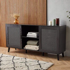 Spinningfield Rattan Sideboard, Black Storage Cabinet For Living Room, Wood Effect Storage Unit W/Open Shelving & Tapered Legs