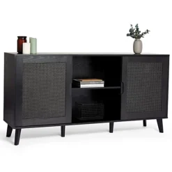 Spinningfield Rattan Sideboard, Black Storage Cabinet For Living Room, Wood Effect Storage Unit W/Open Shelving & Tapered Legs -Diy Shop spinningfield rattan sideboard black storage cabinet for living room wood effect storage unit w open shelving tapered legs5056115799211 03c MP