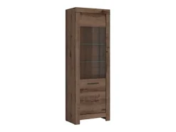 Tall Glass Display Cabinet Slim Unit 1 Glass Door Dark Oak Finish LED Light Balin