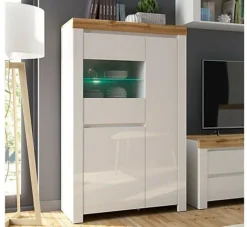 Tall Glass Display Cabinet Soft Close Shelf LED Light White Gloss Oak Effect Holten