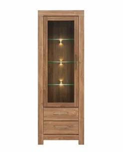 Tall Glass Display Cabinet Unit 2 Soft Close Drawers LEDs Medium Oak Finish Gent -Diy Shop tall glass display cabinet unit 2 soft close drawers leds medium oak finish gent5901451029006 05c MP