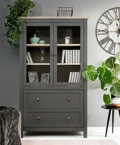 Tall Glass Display Cabinet Unit Dresser Drawers Country Grey Oak Shaker Bocage