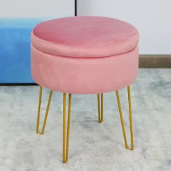 Velvet Padded Stool With Storage Seat Chair Sturdy Metallic Legs For Bedroom, Living Room, Make Up Vanity Stool -Pink